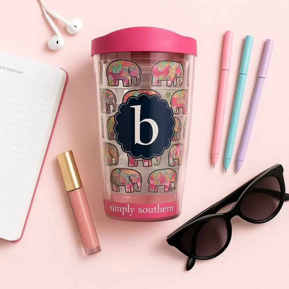 Simply Southern Tervis Tumbler 16 oz “B” Monogram Elephant Print Pink Lid